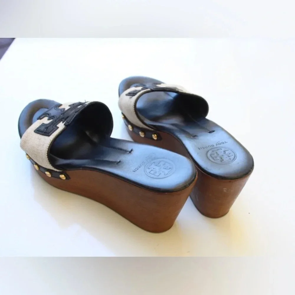 Tory Burch Black Leather and Beige Canvas Wedge Sandals